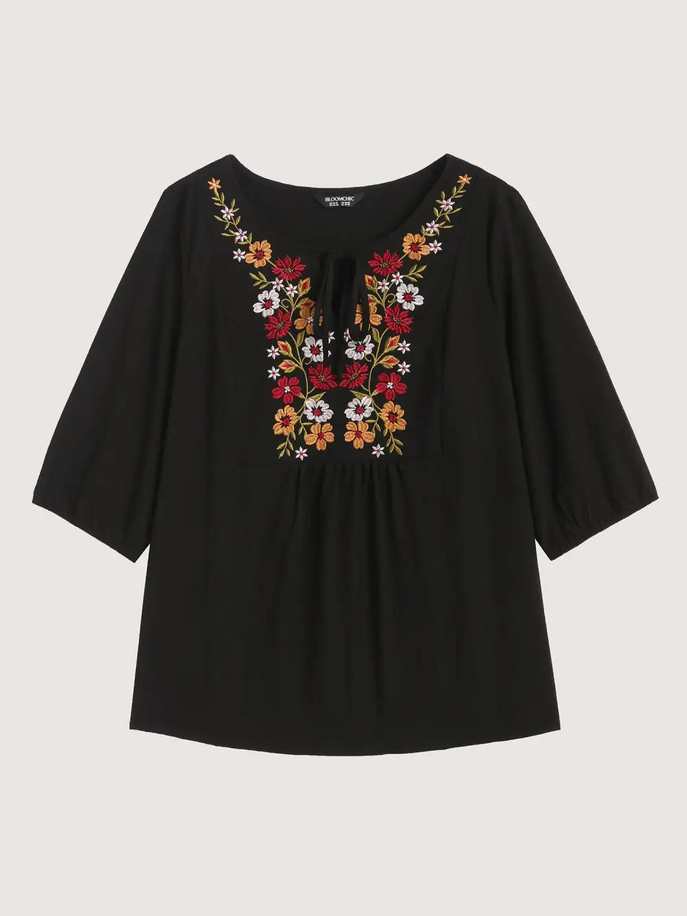 Floral Embroidered Tie Knot Lantern Sleeve Blouse