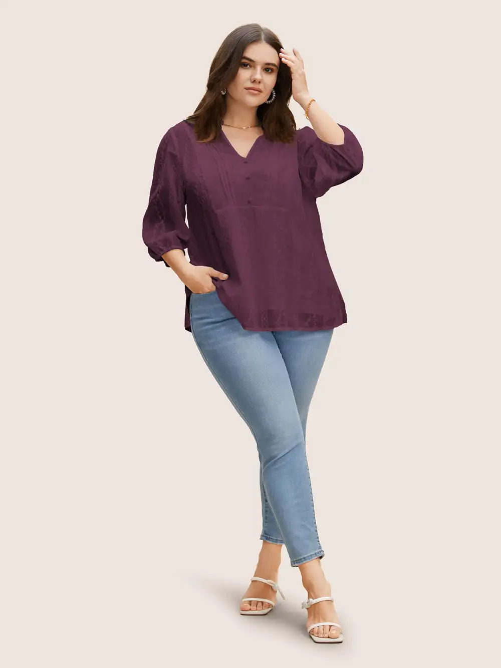 Texture Mesh Button Detail Tucked Seam Blouse