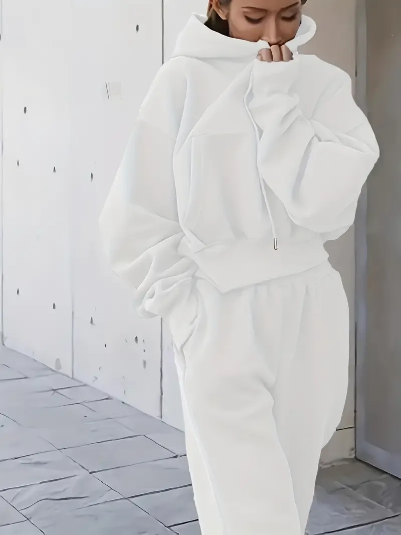 2PCS Oversized Athleisure Set: Solid Hooded Pocket Drawstring Sweatshirts & Sweatpants Sets for Women, Plus Size Comfortable Clothing