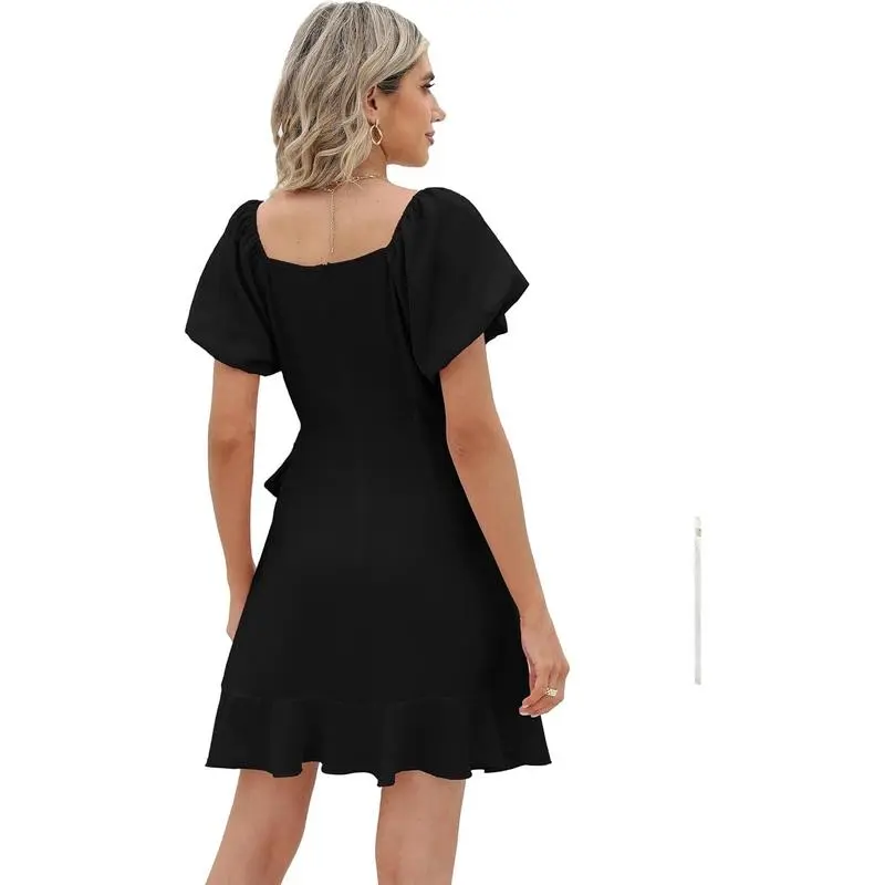 Womens Summer Dresses Square Neck Puff Sleeve Tie Waist Short Dress