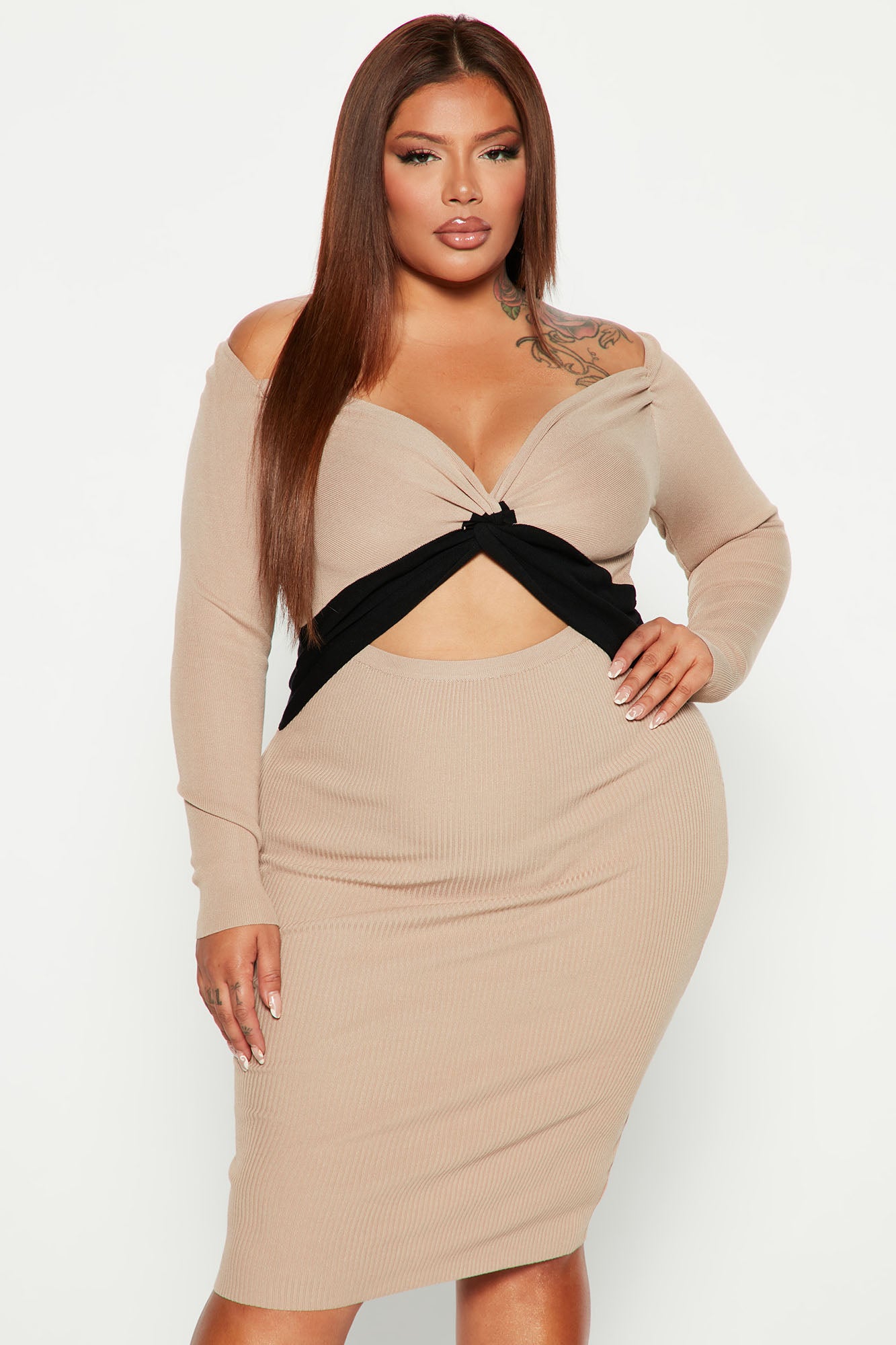 Think of U Sweater Midi Dress - Taupe/combo