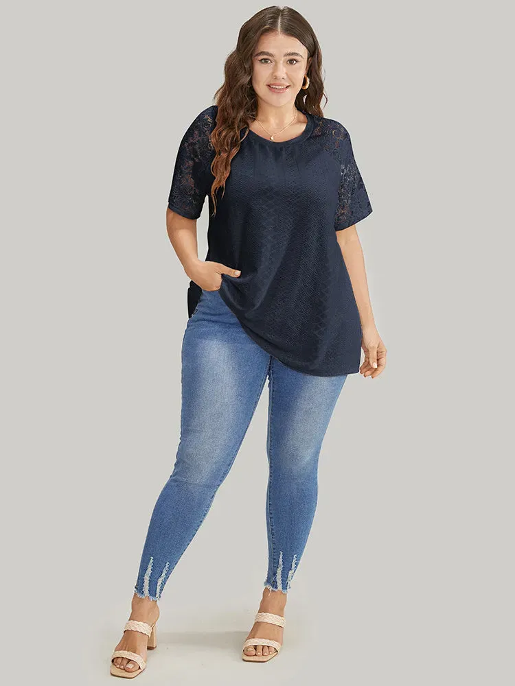 Solid Broderie Anglaise Lace Raglan Sleeve T-shirt