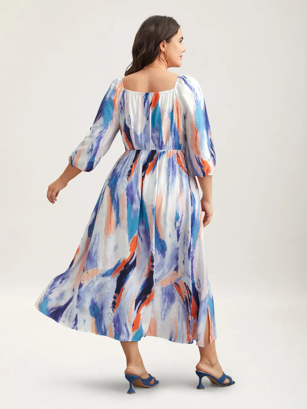 Abstract Print Waist-Cinched Split Hem Maxi Dress