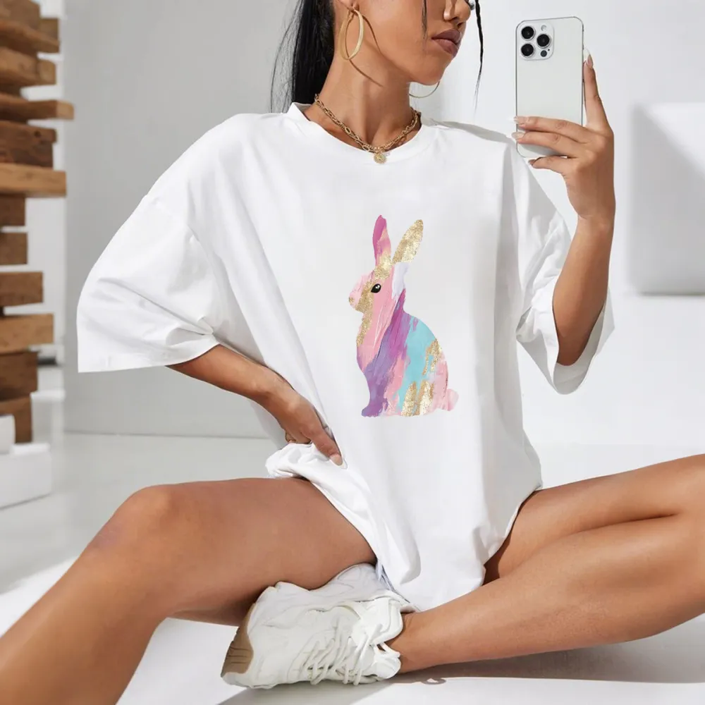 Colorful Bunny Pattern In Pink, Purple, Blue And Gold Glitter Effect, Easter, Casual T-Shirt.