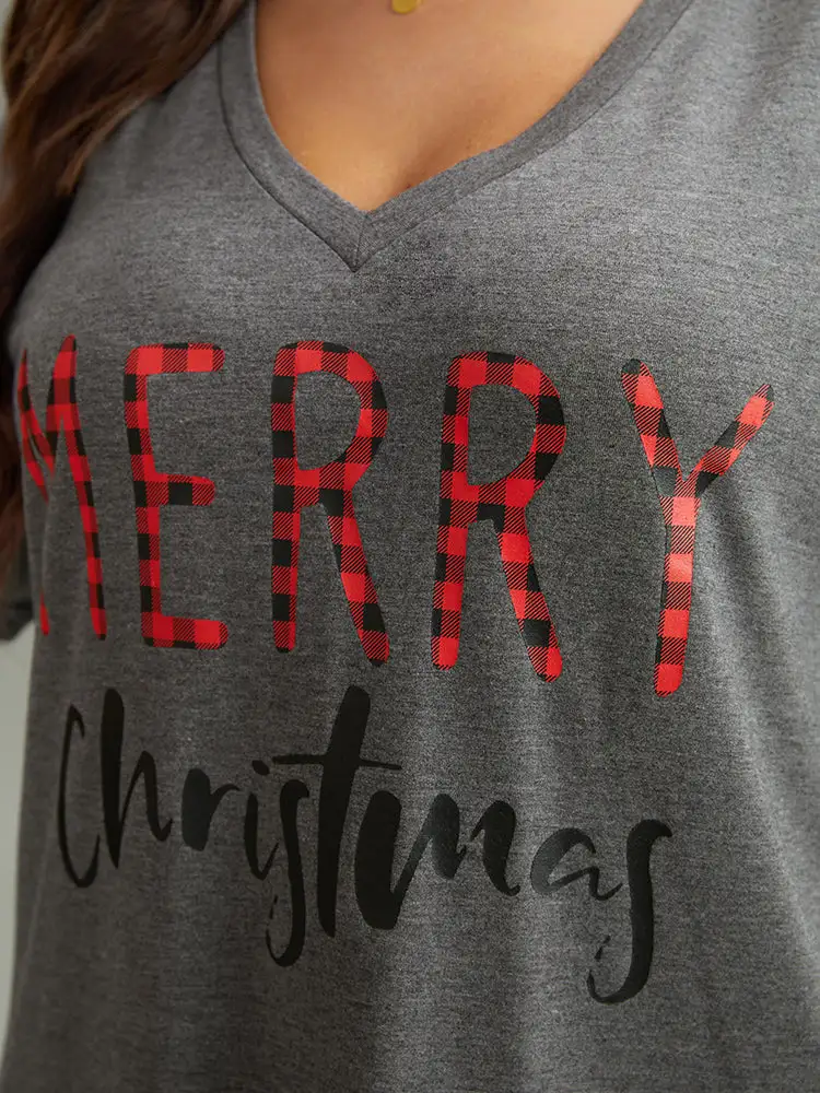 Christmas Gingham Patchwork V Neck T-shirt