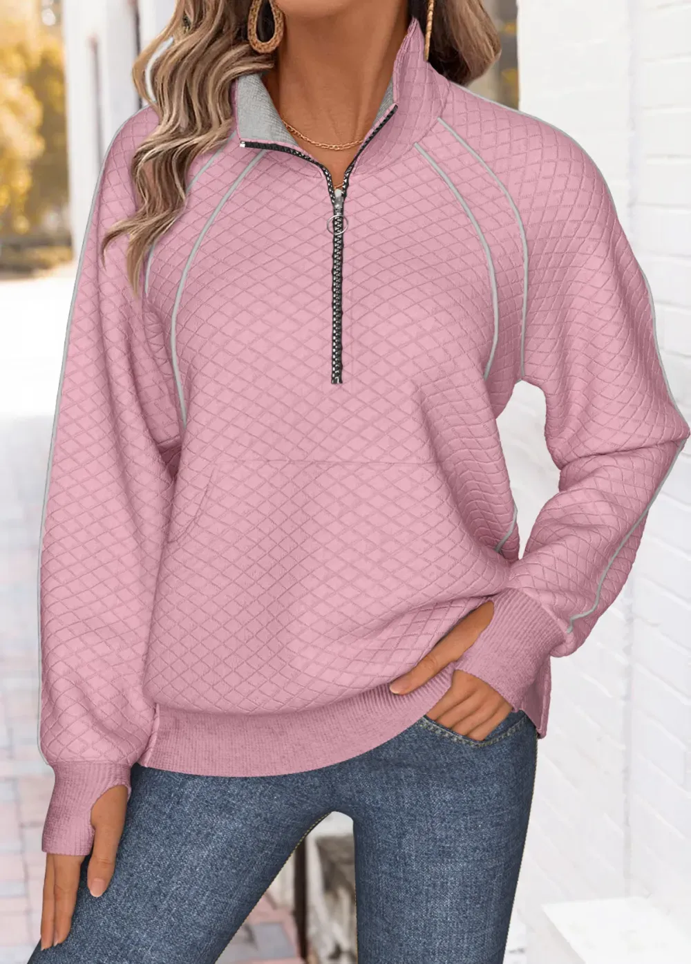 Pink Tummy Coverage Long Sleeve Stand Collar Sweatshirt