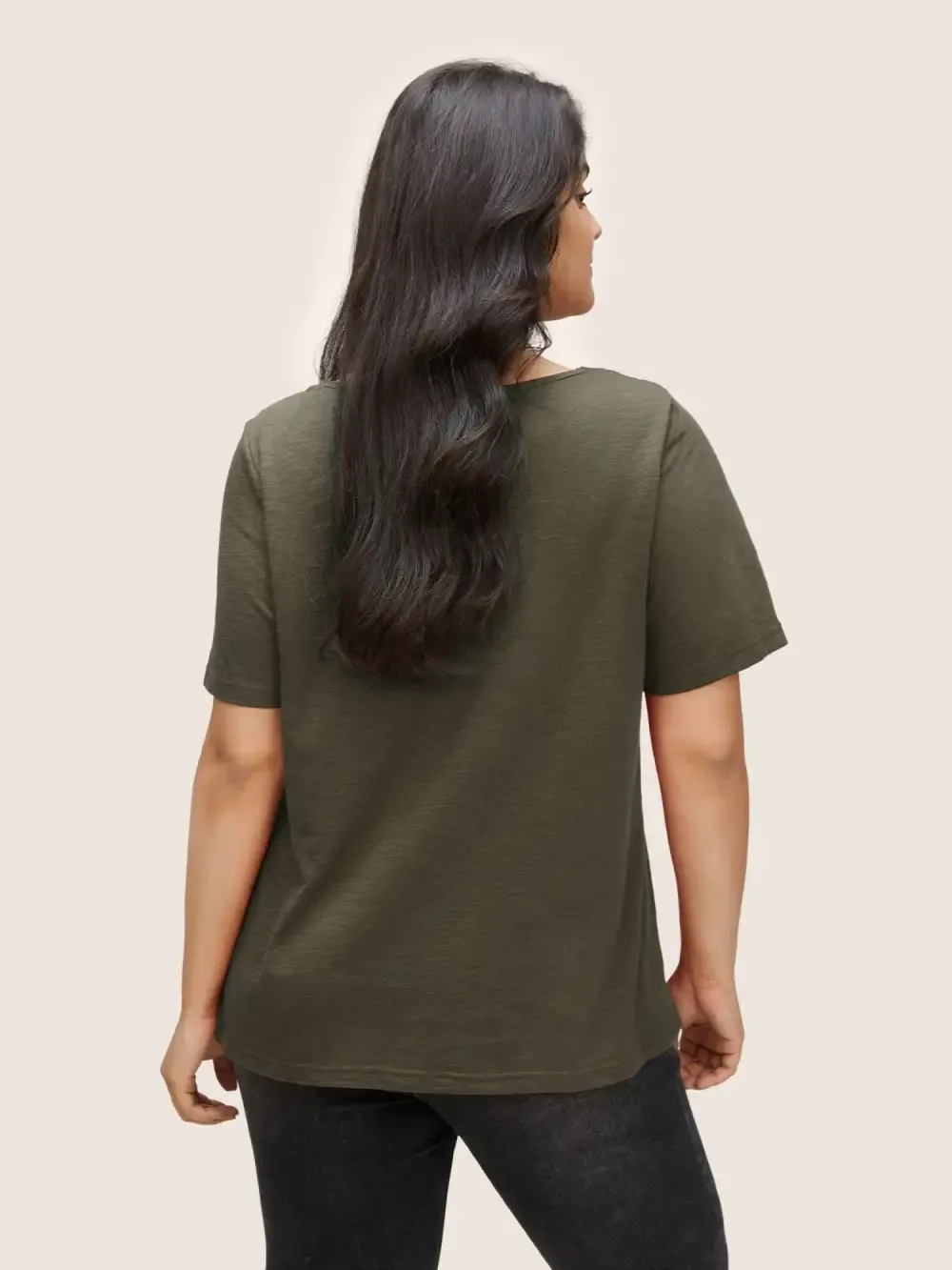 Plain V Neck Lace Panel T-Shirt