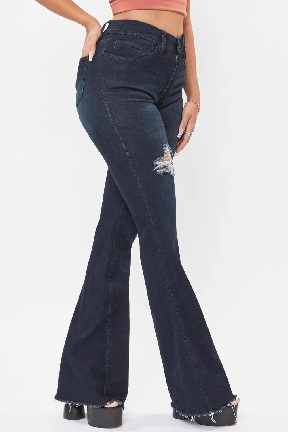 High Waist Button Flare Leg Jeans