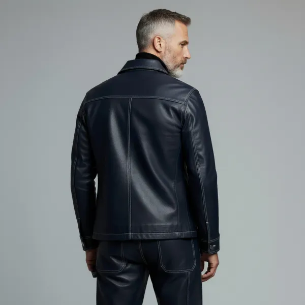 Men's Navy Blue PU Leather Contrast Stitched Button Flap Pockets Long Sleeve Trucker Jacket