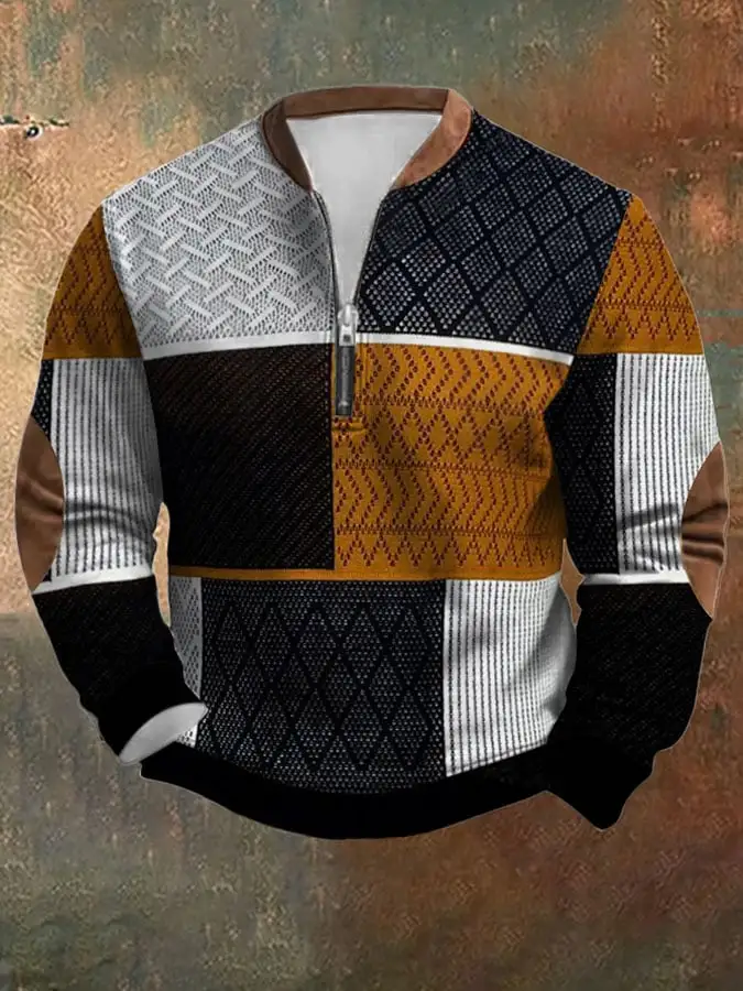 Men's Retro Western Textured Print Zip Collar Sweatshirt