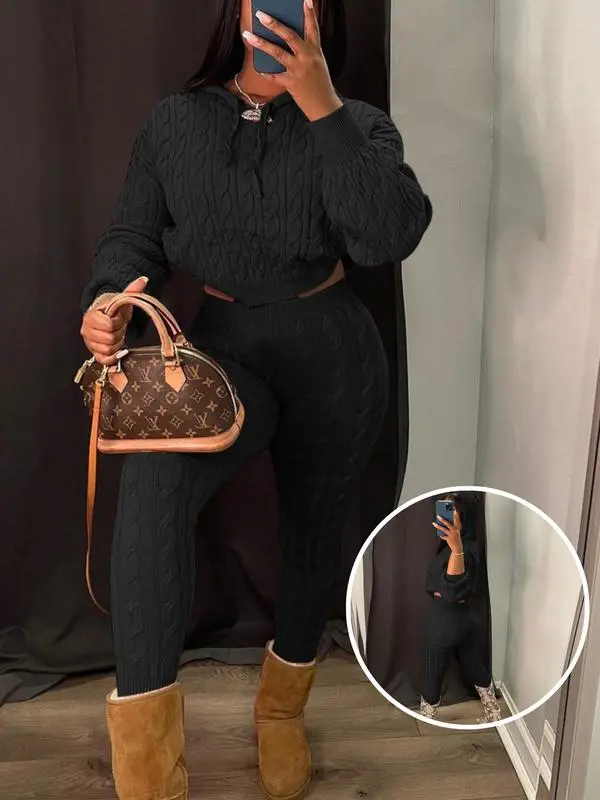 Two-piece Set Women's Solid Drop Shoulder Cable Knit Crop Sweater & High Waist Pants