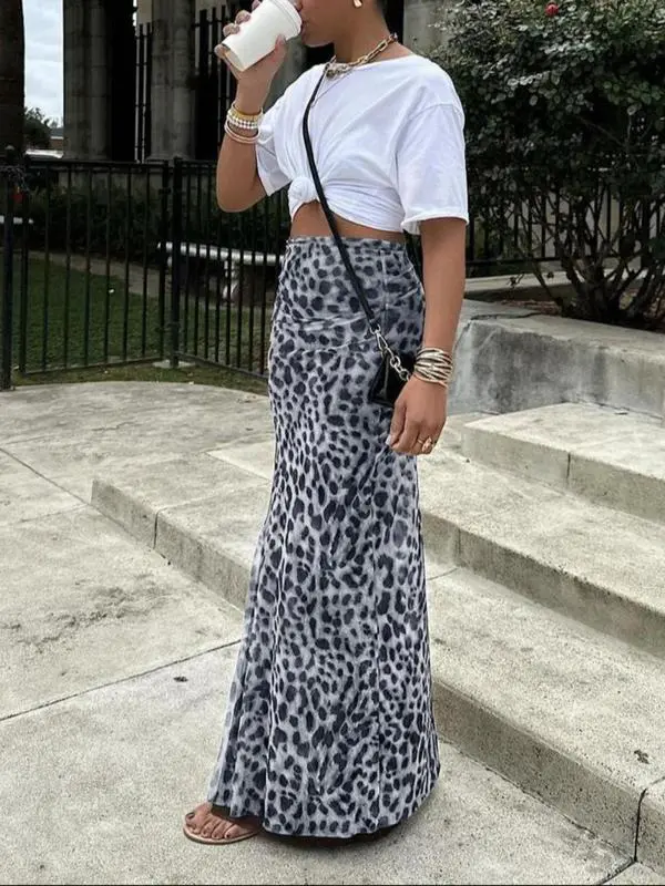 Women's Leopard Print High Waist Bodycon Skirt – Stylish Summer Casual Long Skirt