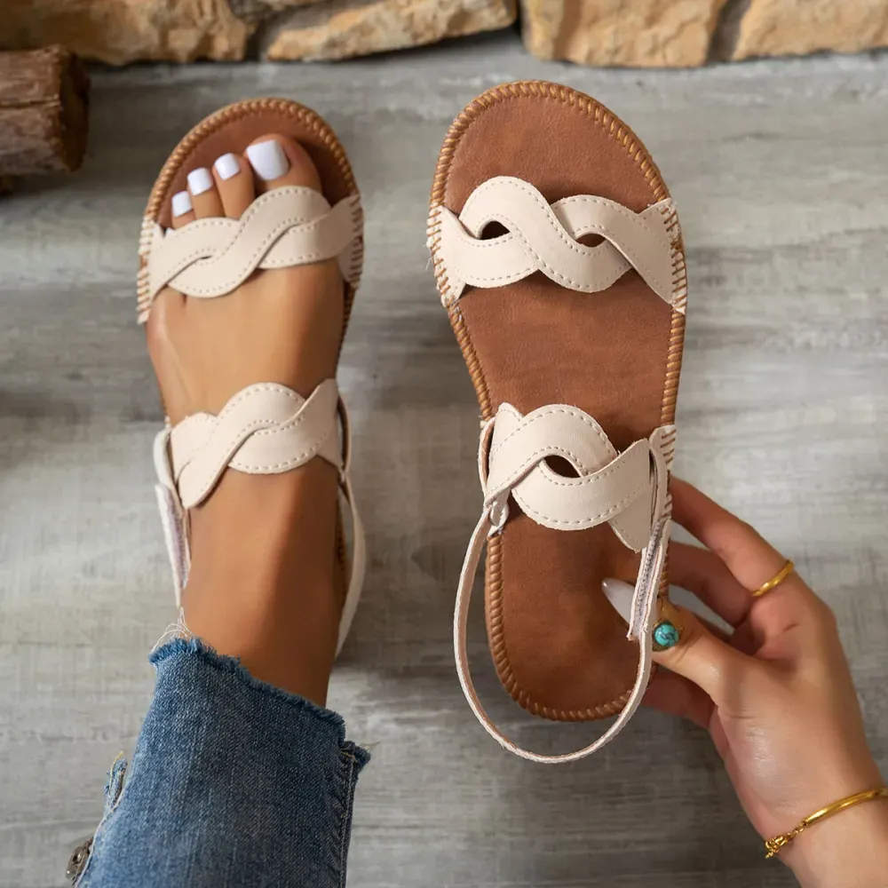 Beige Open Toe PU Leather Falt Sandals