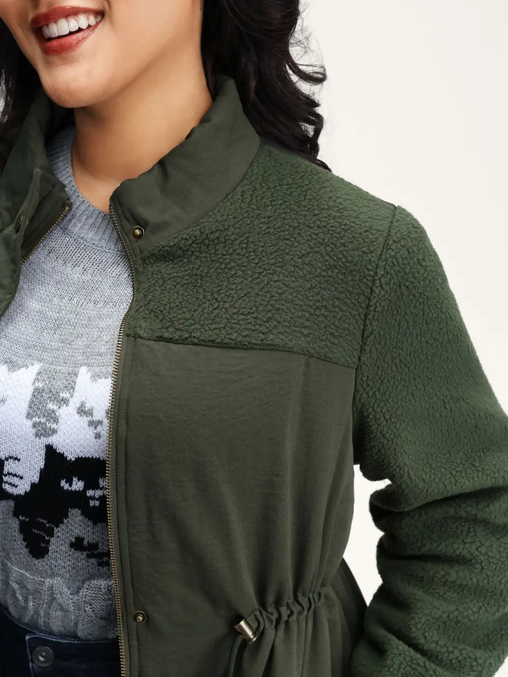 Mixed Fabric Waist Drawstring Quilted Jacket