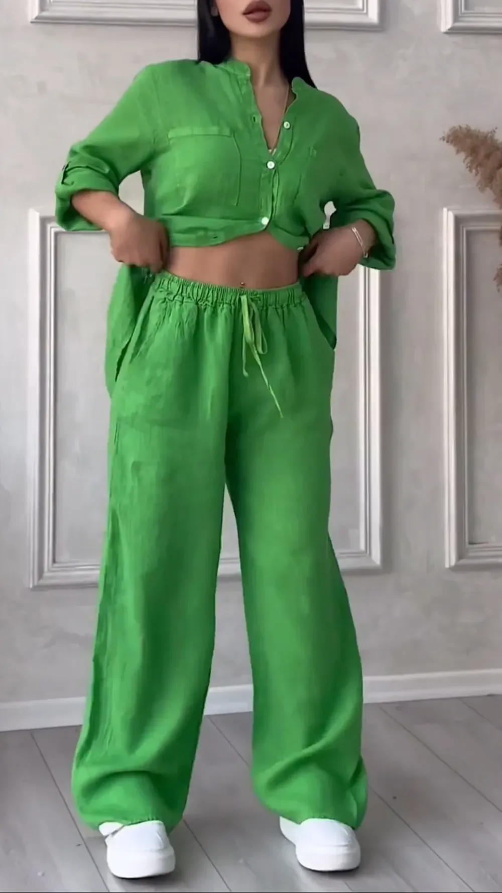 Women's V-neck Cotton and Linen Casual Suit