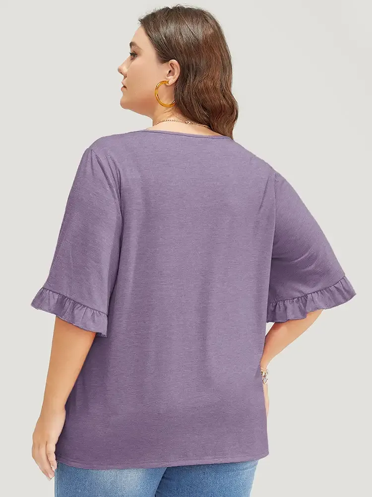 Solid Gathered Ruffle Trim Flounce Sleeve T-shirt