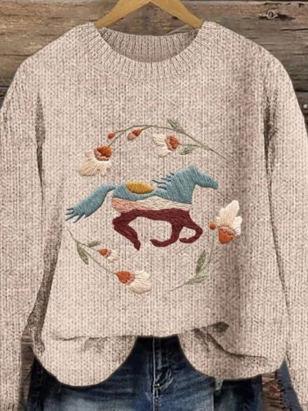 Women's Vintage Embroidered Horse Print Crew Neck Knit Sweater