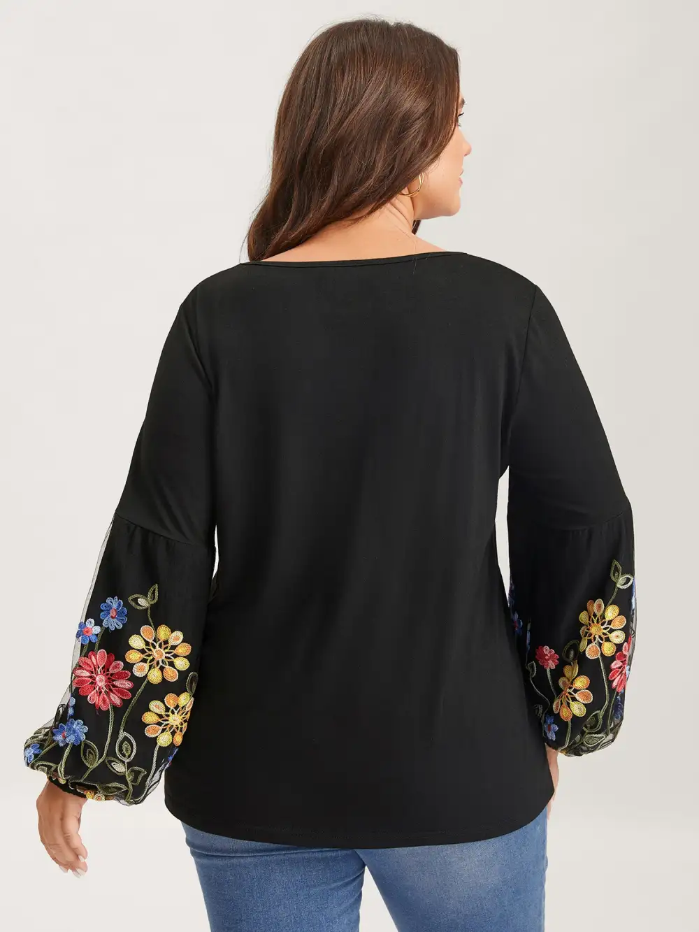 Floral Embroidered Sleeve Neck Tie-Up T-Shirt
