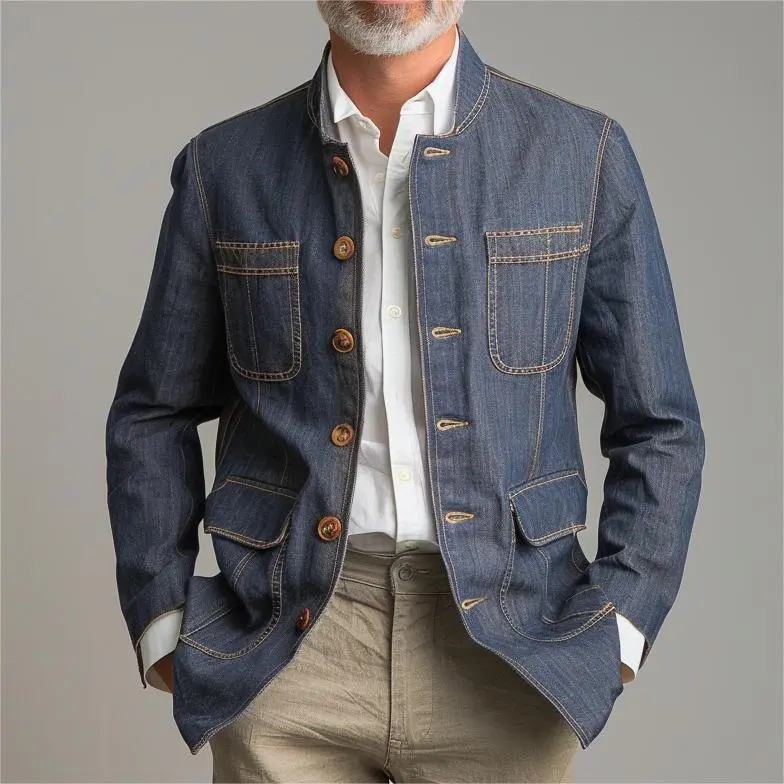 Men's Stand Collar Pockets Retro Denim Jacket