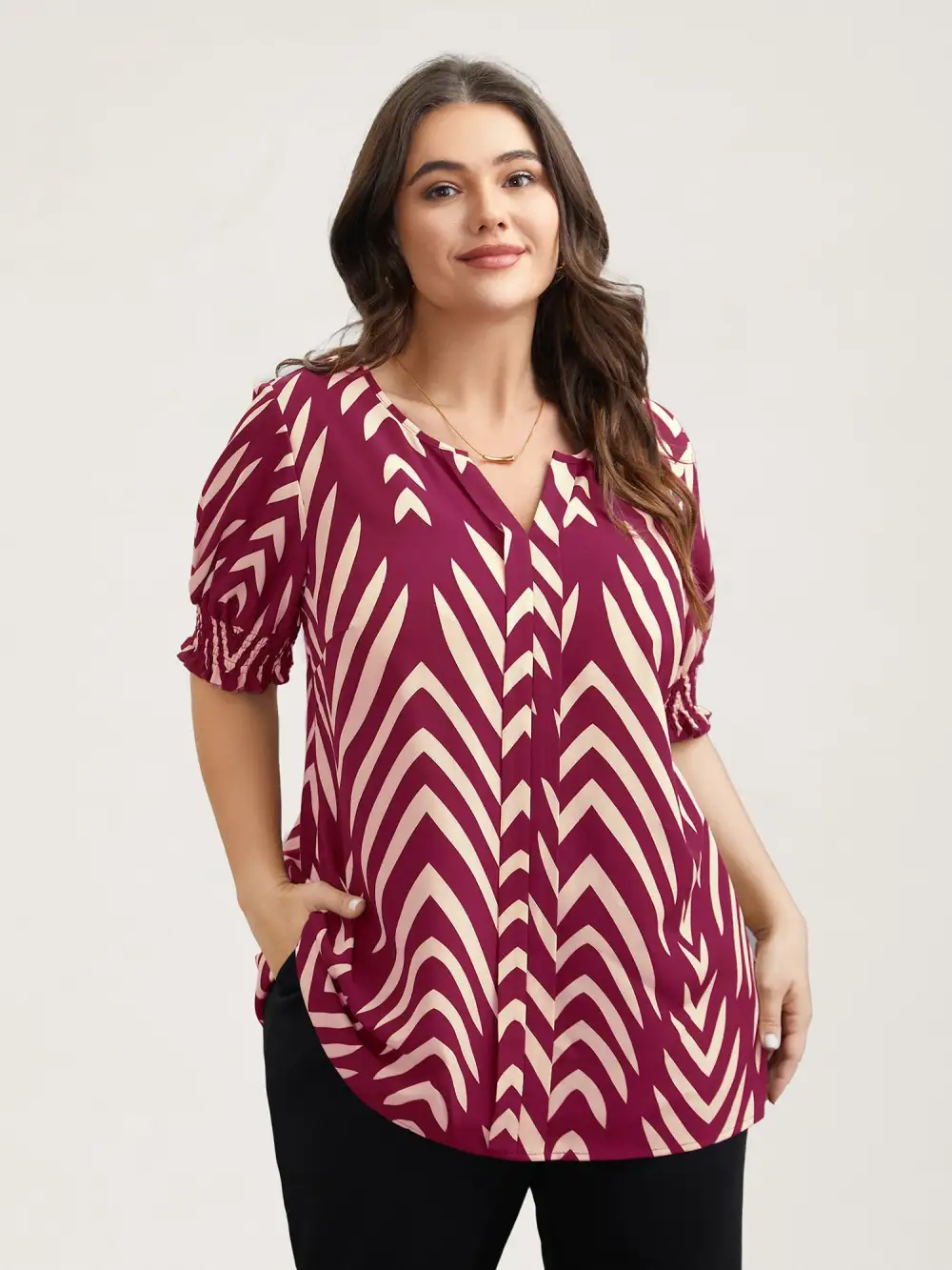 Geometric Print Ruffled Shirred Shirt