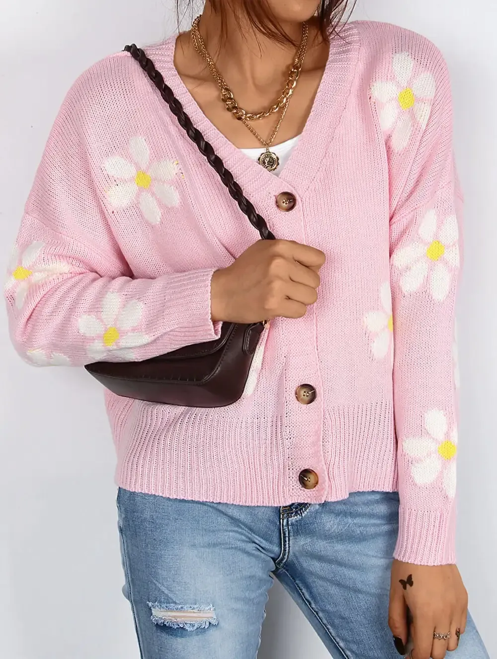 Fall Floral Button Varsity Sweater Jacket