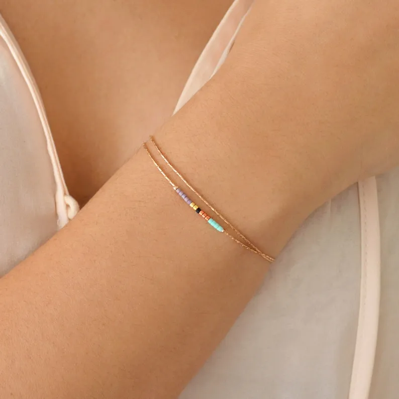Dainty Rose Gold Bracelet with Small Beads, Boho Thin Beaded Chain Minimalist Jewelry, Delicate Elegant Gift For Her