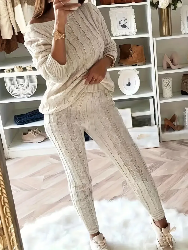 Solid Knitted Matching Two-piece Set, Casual Long Sleeve Sweater & Pants Outfits, Women's Clothing