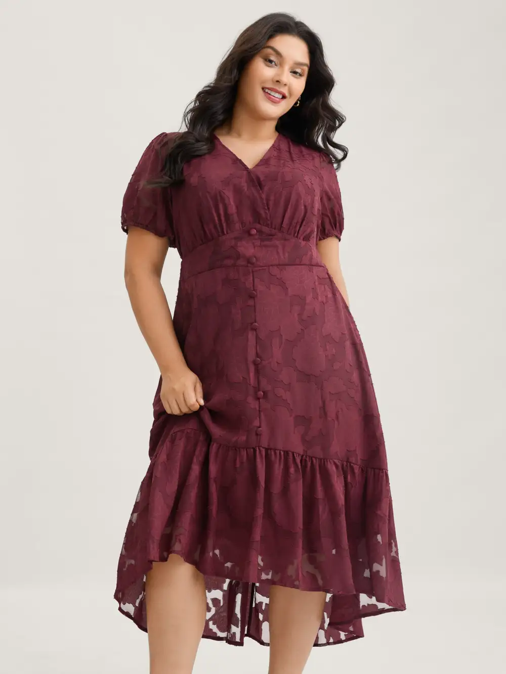 Solid Textured Lantern Sleeve Button Detail Dress