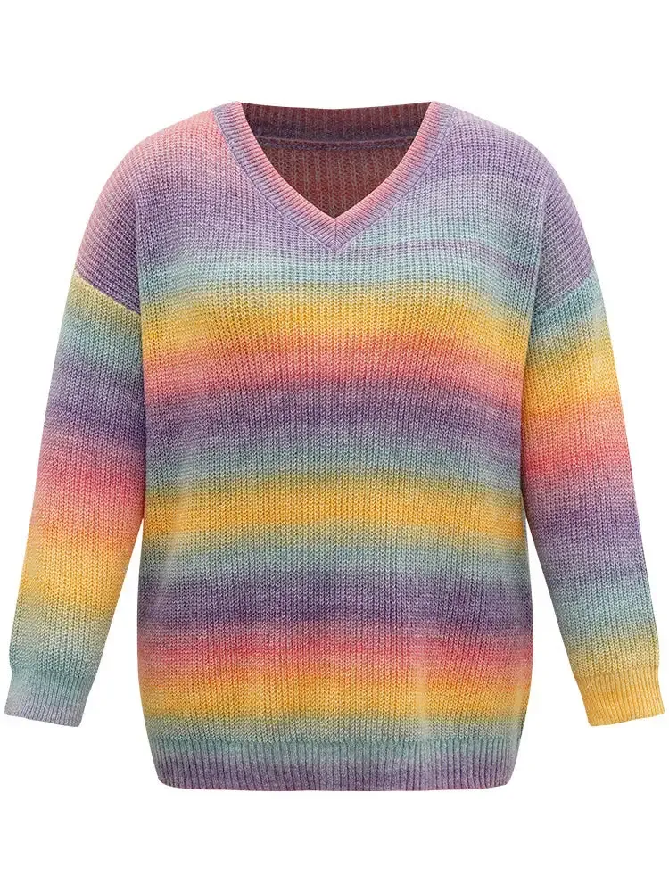 Rainbow Ombre V Neck Loose Pullover