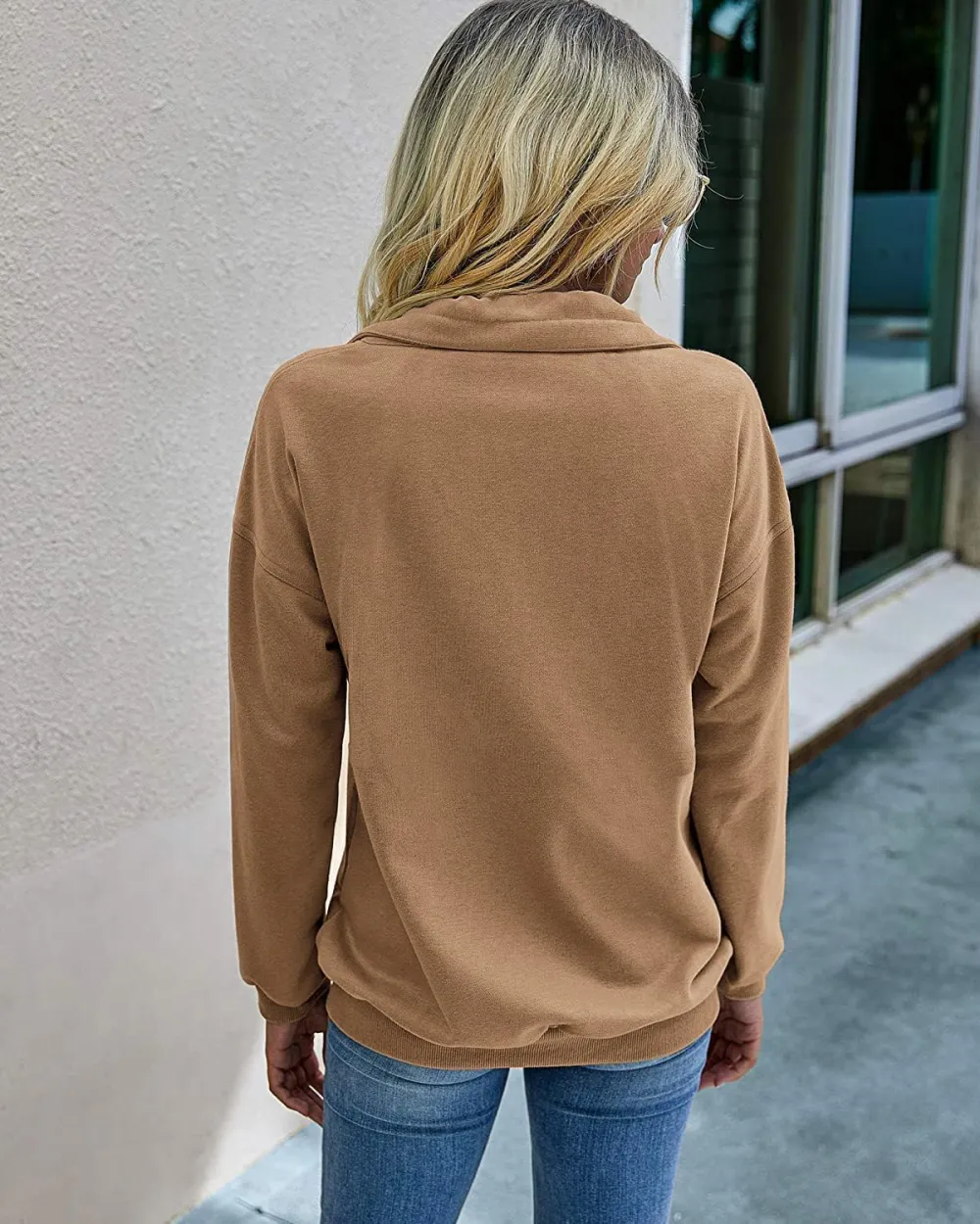 Women's Casual Long Sleeve Lapel Zipper Sweatshirt Drawstring Loose Pullover Tops