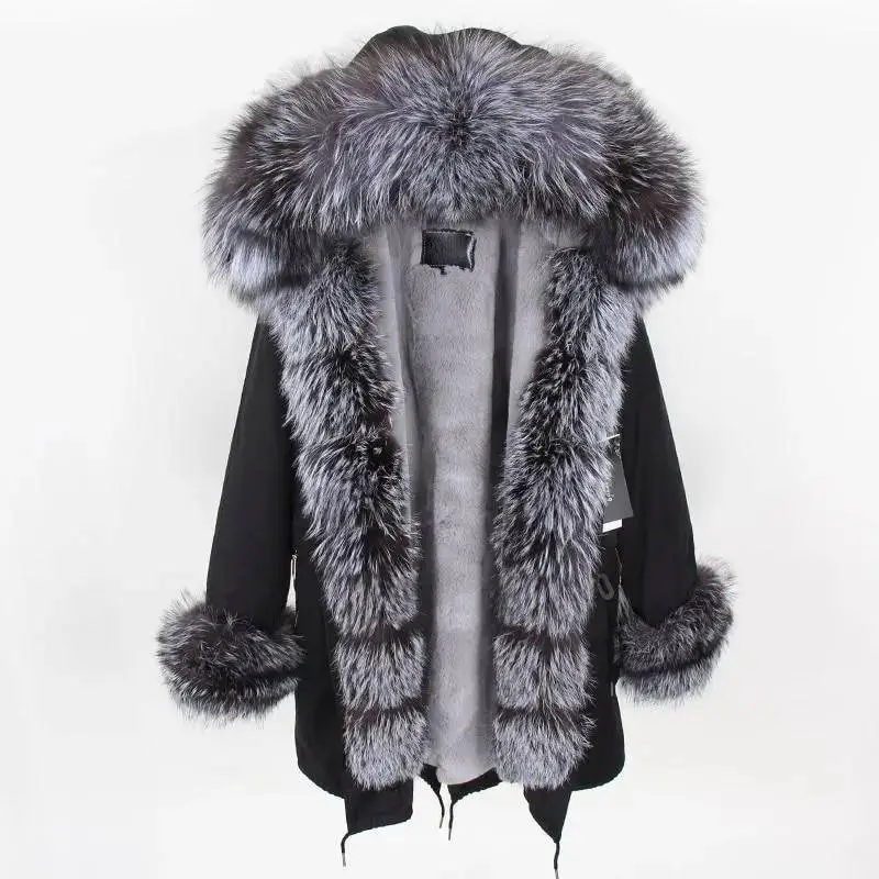 ✨Clearance Sale✨ Women's Parka Fox Fur Coats Real Fur Winter Long Black Park Cotton Thick Warm