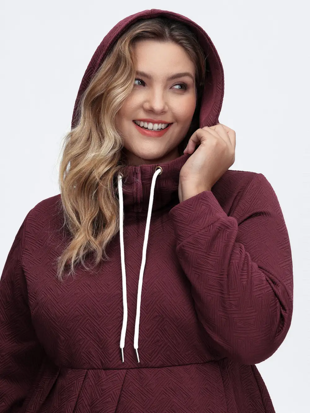 Textured Drawstring Overlap Hem Hooded Sweatshirt