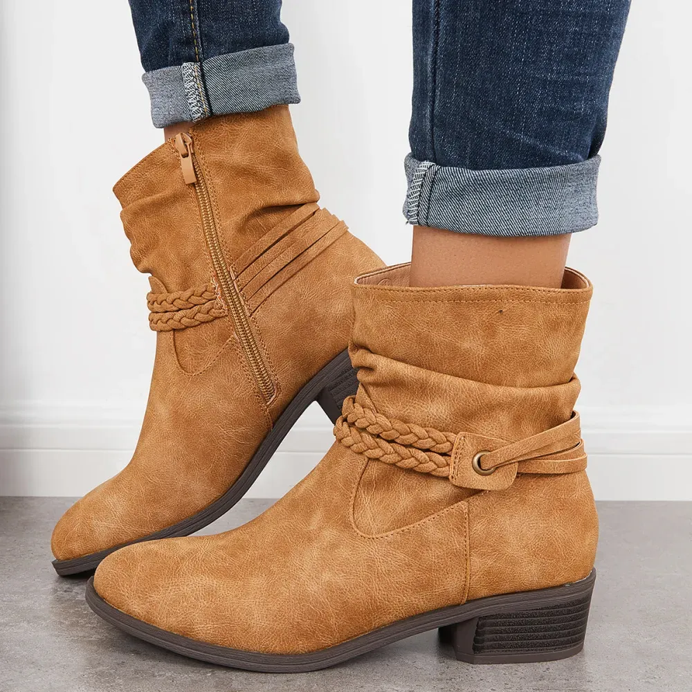 Slouchy Ankle Boots Braided Strap Chunky Block Heel Booties