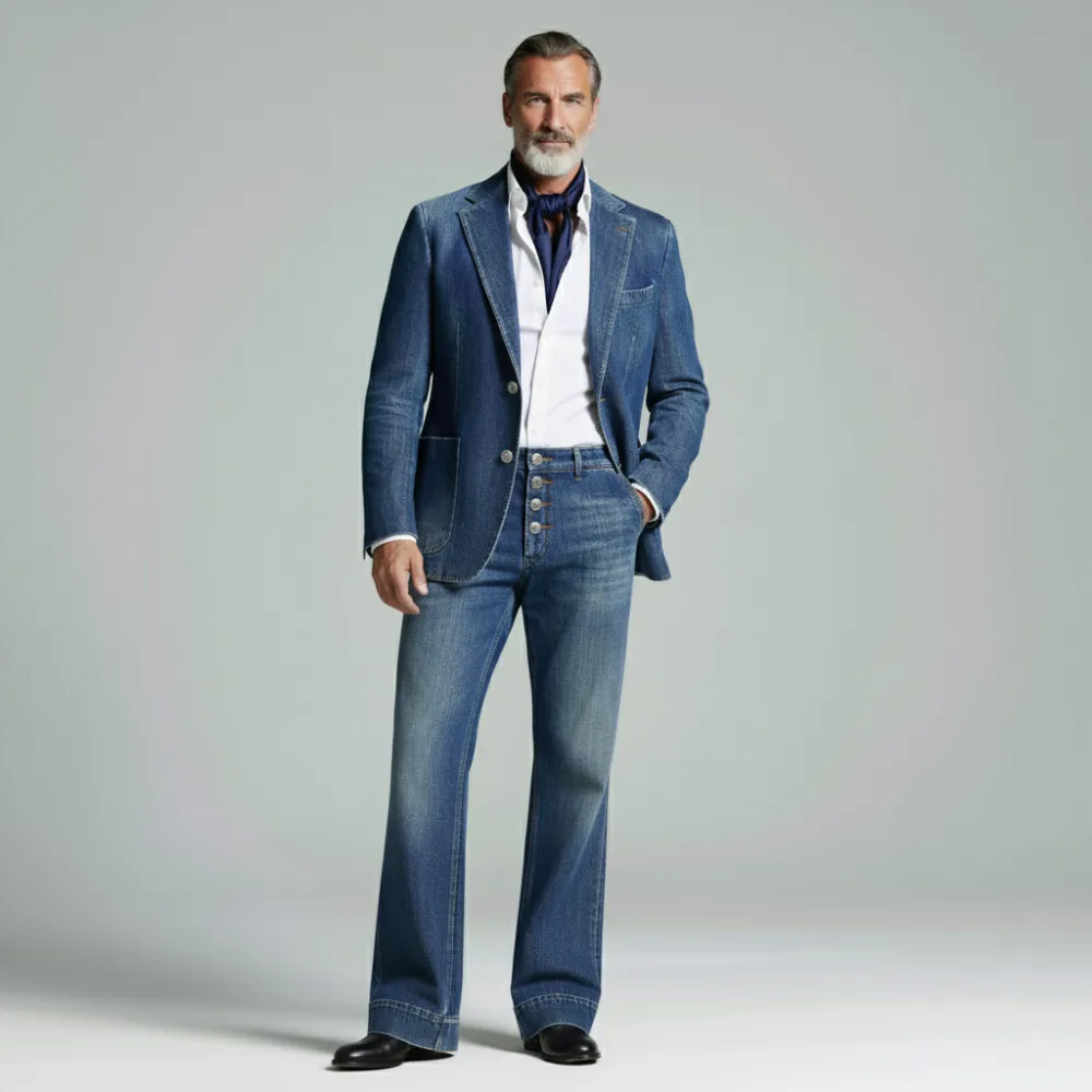 Men's Retro Blue Denim Notched Lapel Two Button Blazer & Flare Jeans 2Pcs Set