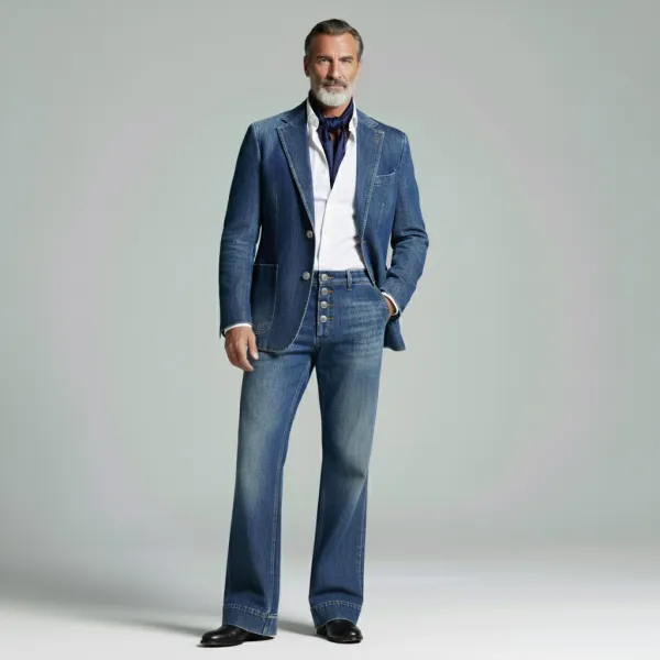 Men's Retro Blue Denim Notched Lapel Two Button Blazer & Flare Jeans 2Pcs Set