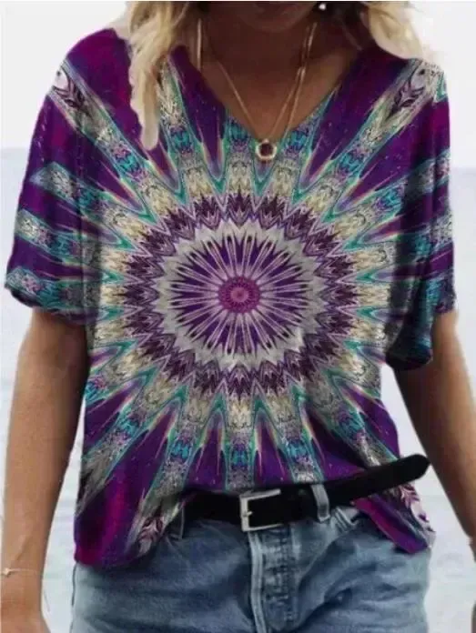 Women Short Sleeve V-Neck Tie-dye Printed Tops
