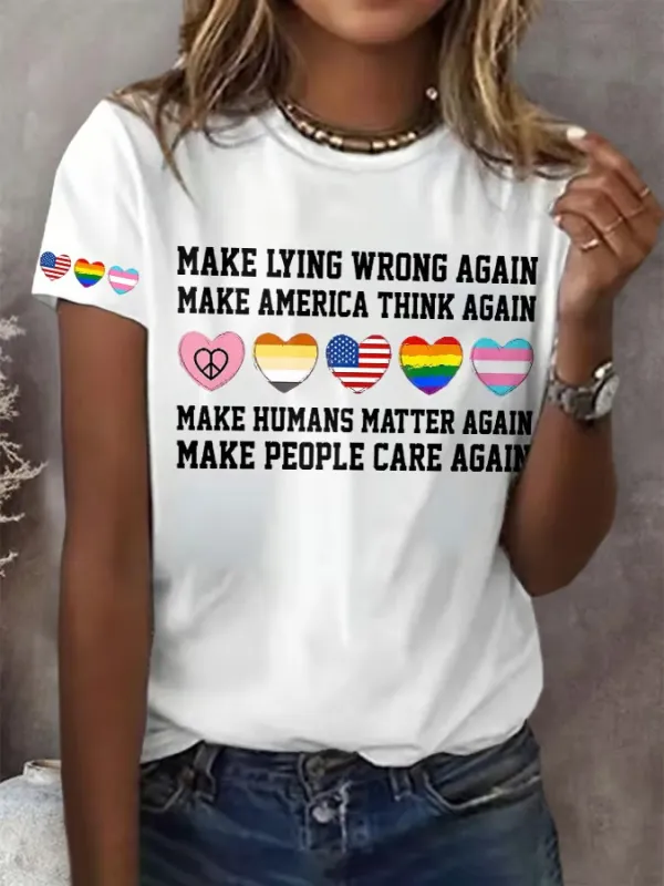 Women'S T-Shirt Retro Make Lying Wrong Again Make America Think Again Make Humans Matter Again Make People Care Again Print T-Shirt