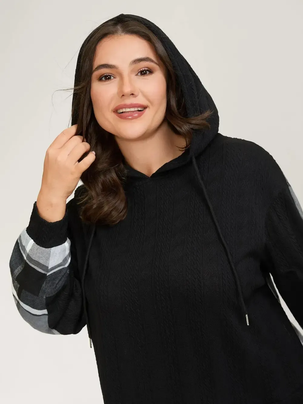 Plaid Contrast Print Relaxed-Fit Hoodie