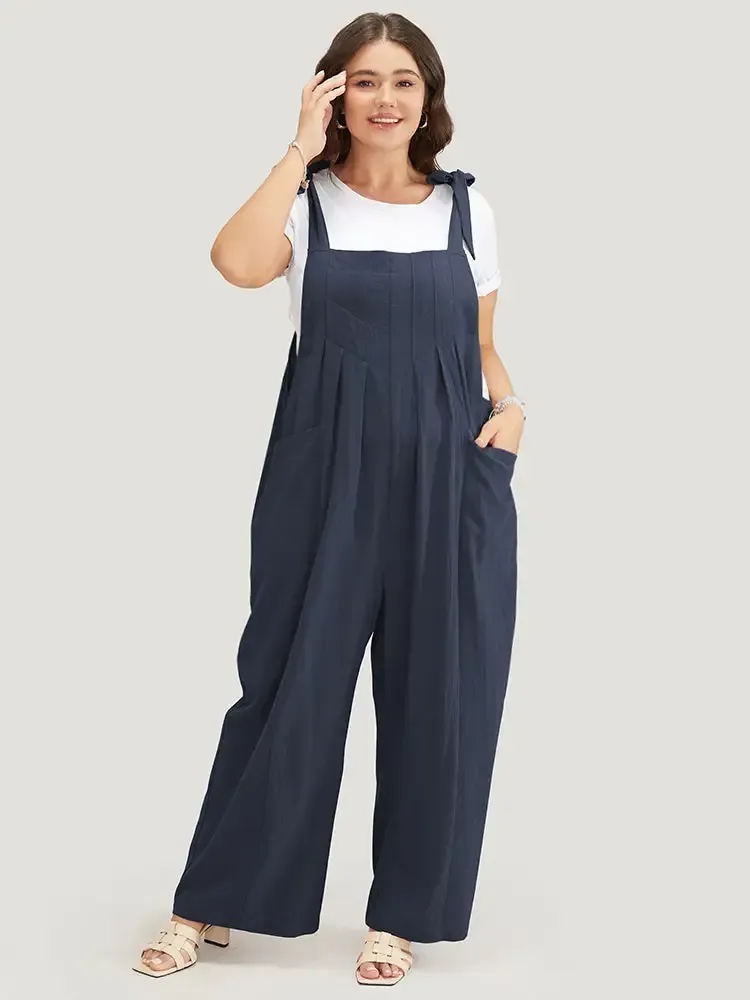 Solid Pleated Detail Pocket Knotted Shoulder Overall Jumpsuit
