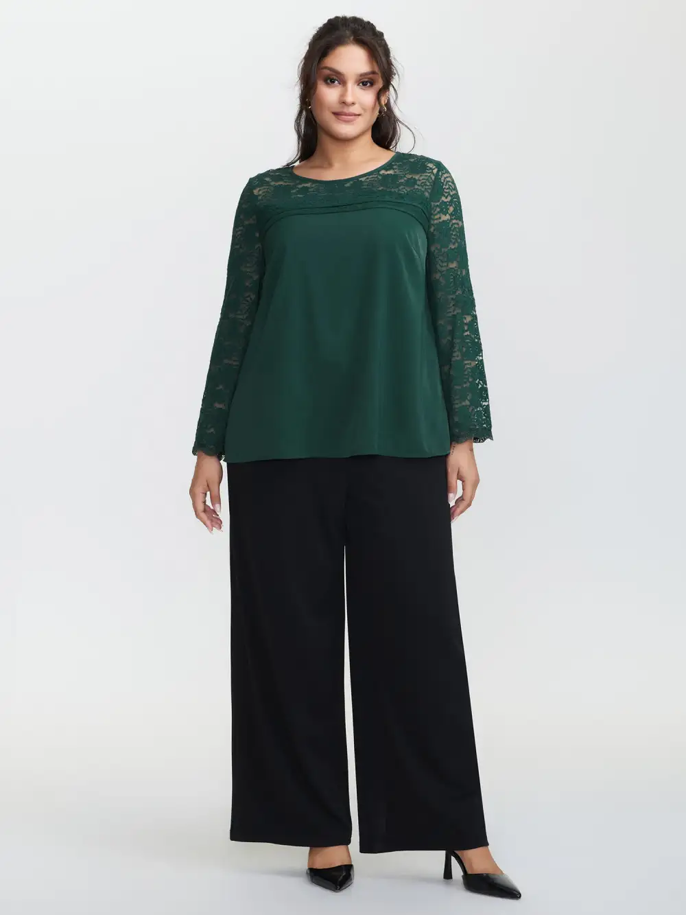 Lace Sheer Sleeve Curvy Hem Blouse