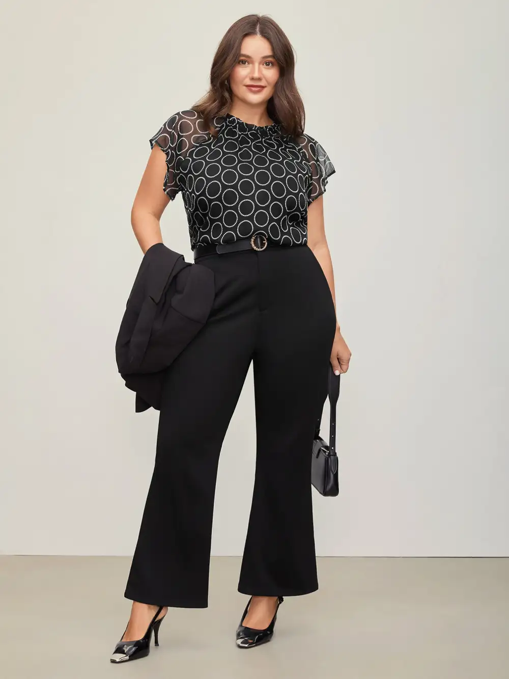 Polka Dot Mock Neck Mesh Patchwork Blouse