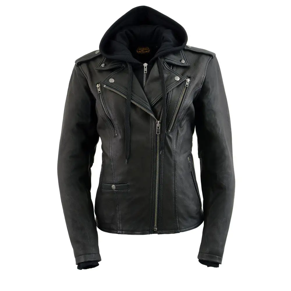 Leather MLL2575 Women's Black Leather Vented Motorcycle Jacket w/ Removable Hoodie