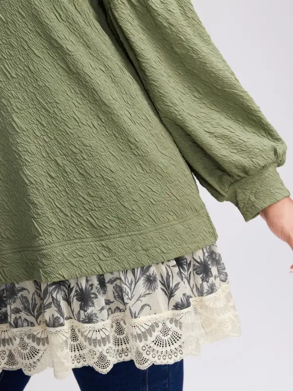 Textured Lace Layered Balloon Sleeve Sweatshirt