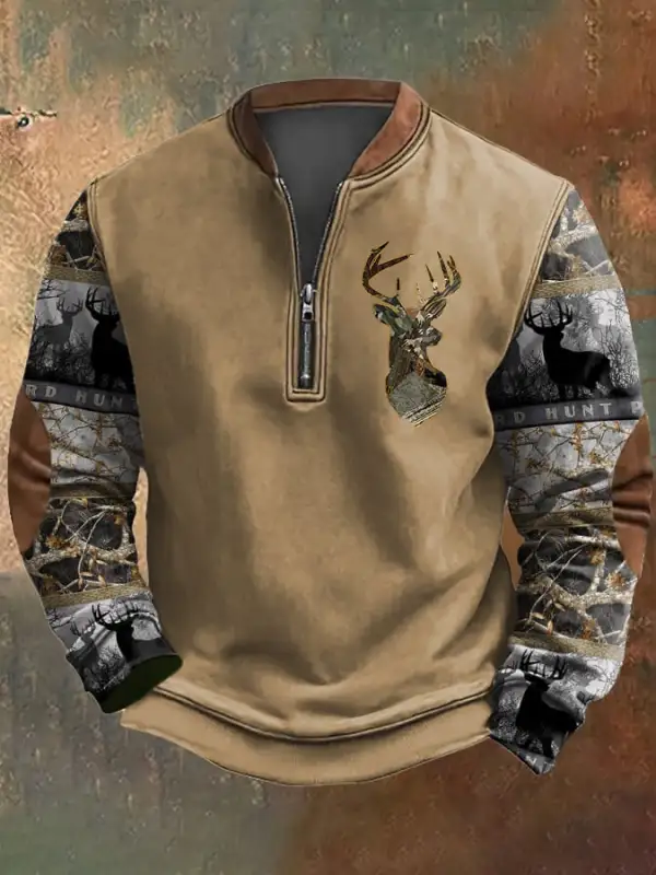 Men's Camouflage Elk Print Zip-Up Sweatshirt