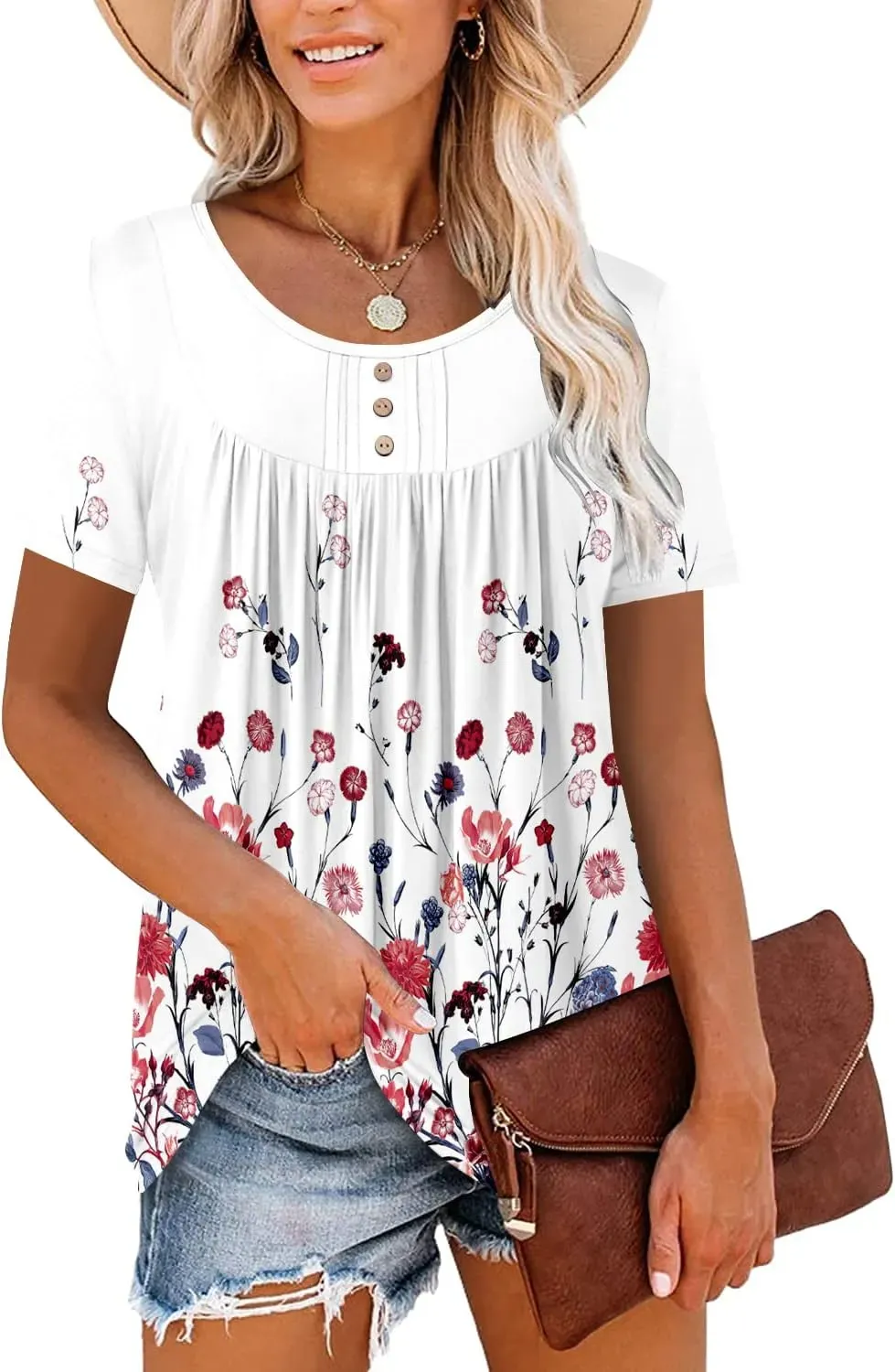 ✨Women's Summer Printed Pleated Crew Neck Tee