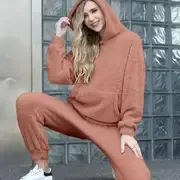 Cozy Solid Teddy Two-Piece Set - Long Sleeve Kangaroo Pocket Hooded Tops, Warm & Comfortable Long Length Pants Outfits for Women