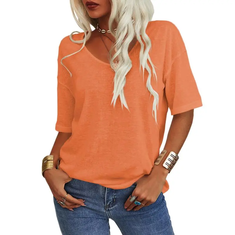 Women’s V-Neck Cotton T-Shirt – Solid Color, Lightweight Half Sleeve Casual Top for Summer & Fall