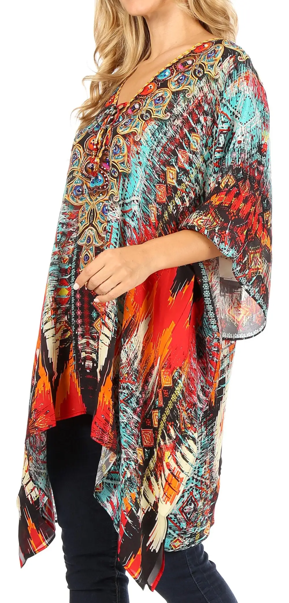 Women's Caftan Poncho Cover up V neck Top Lace up With Rhinestone