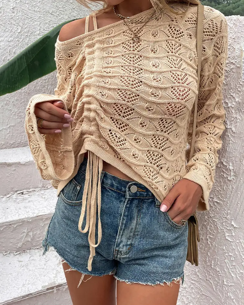 Solid Color Cutout Drawstring Knit Sweater Top