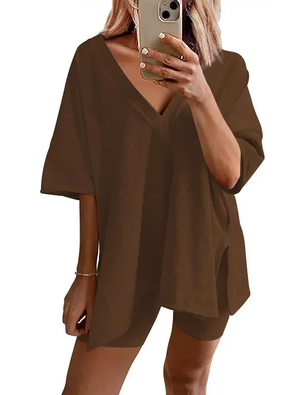 Women's 2-Piece Summer Lounge Set – Oversized T-Shirt & Shorts, Casual Comfy Tracksuit, Beach Cover-Up, Breathable Matching Outfit